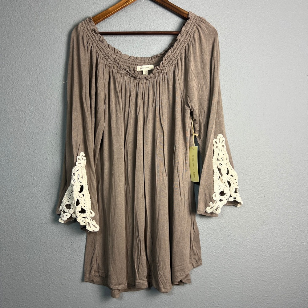 Paper + Tee Victorian Crochet Bell Sleeve Tunic Flowy Top Off Shoulder Casual 1X